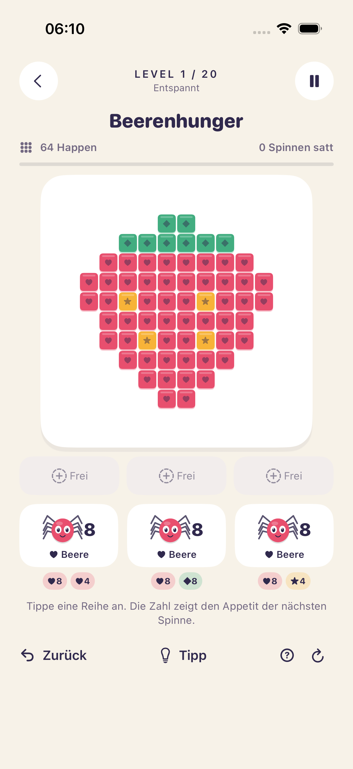 Food Hunt: eine Erdbeere aus bunten Pixeln, drei freie Teamplätze und drei Spinnenreihen.